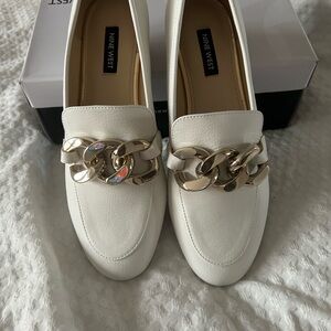 Nine West White and Gold Loafers with Chain Detail